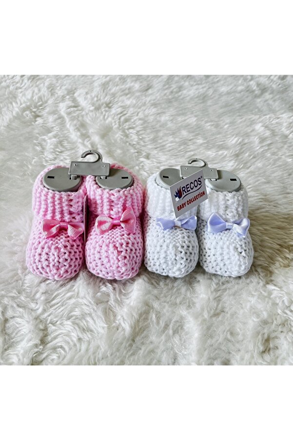 anne dokunuşu gibi KUZUM BEBE Pembe Beyaz Ikili Kurdelalı Triko Erkek Kız Bebek Patiği