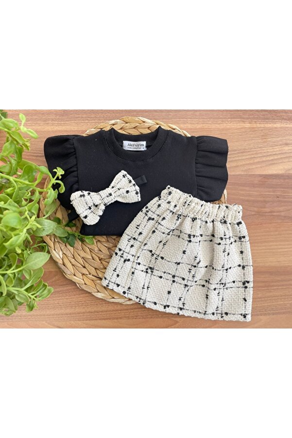 AKİF GİYİM Kız Çocuk Şanel Etel Badi Bandana Takımı 3'lü Set