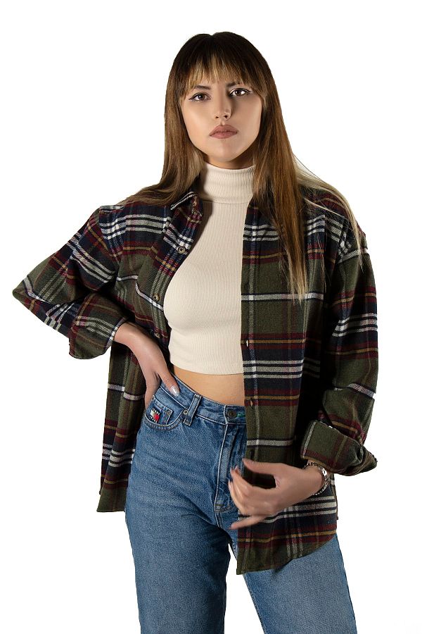 VEAVEN-Women's Khaki-Burgundy Oversize Shirt Collar Lumberjack Plaid Shirt 1