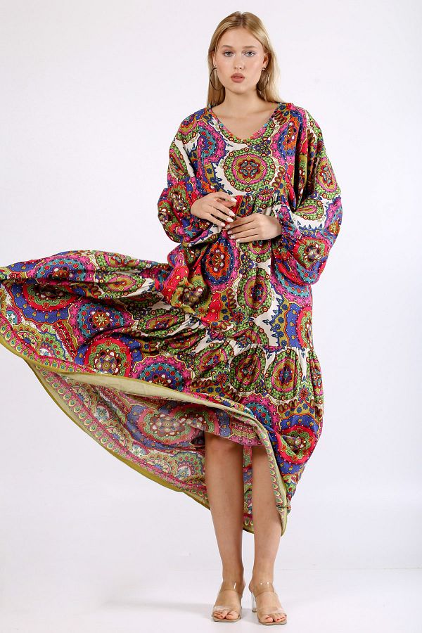 Chiccy-Pink-orange Round Neck Long Sleeve Patterned Allover Printed Woven Oversize Dress 1