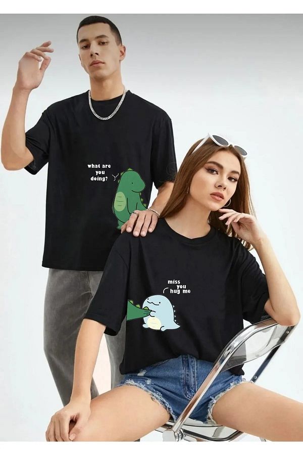 L SY Hug Me Lover T shirt Hoodie Black Oversize Print Partner Lover Couple Combination Set Trendyol
