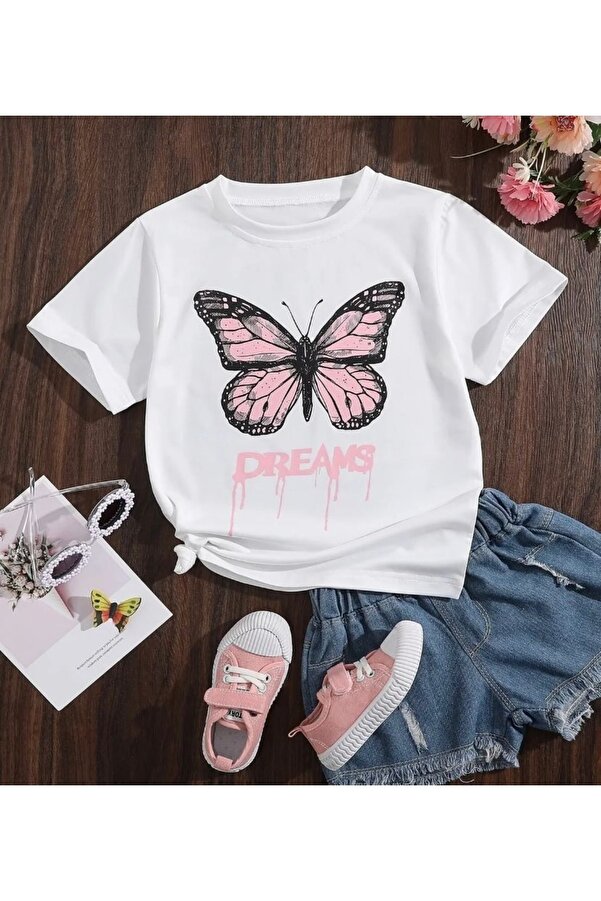 MORNİNG KİDS Beyaz Pembe Dreams Butterfly Baskılı Çocuk Tshirt