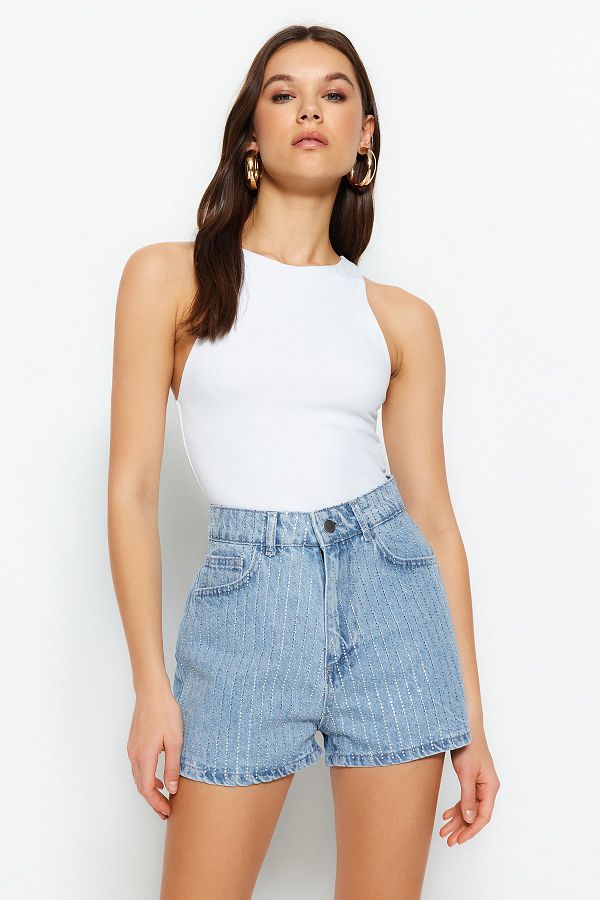 Trendyol Collection-Blue Stone High Waist Mini Denim Shorts Twoss23Sr00191 1