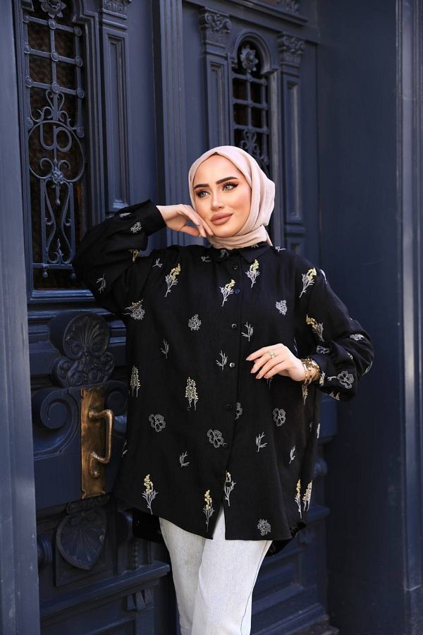 JaMolls Women s Floral Embroidery Print Oversize Summer Hijab Loose Fit Long Shirt Trendyol