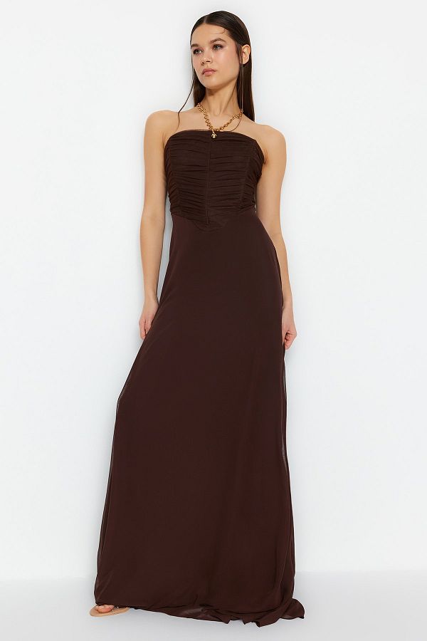 Trendyol Collection-A-Cut Dark Brown Tulle Evening Dress - TPRSS23AE00138 1