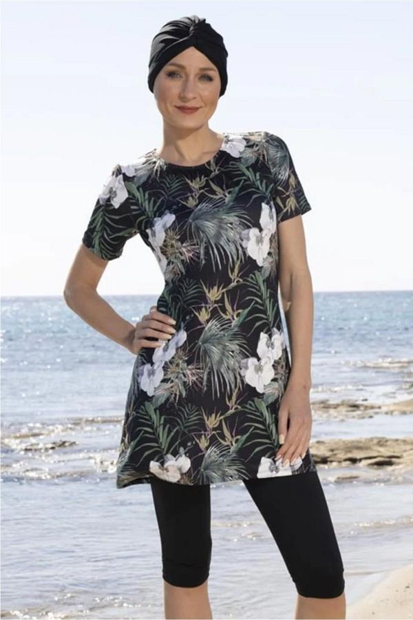 Estiva-23807 Black Short Sleeve Semi Covered Swimsuit 1