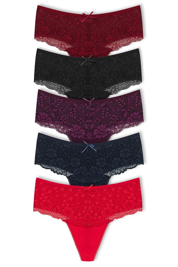 HNX-High Waist and Lace Front Plus Size Women's String - Set of 5 1