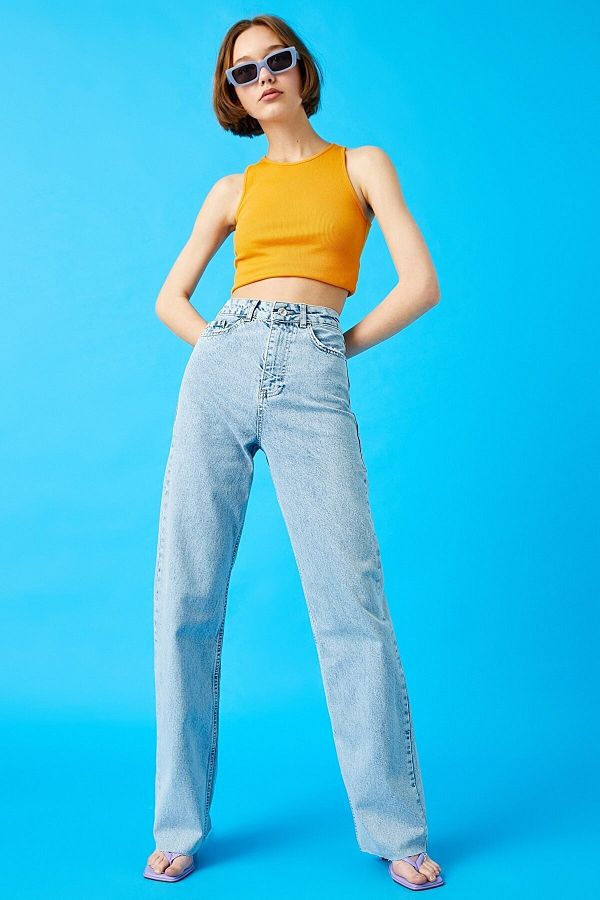 Trn JNS-Hooden Lycra Dámské Ledově Modré Snow Wash Super Vysoký pas Volné nohavice Denim Volné kalhoty Palazzo 1