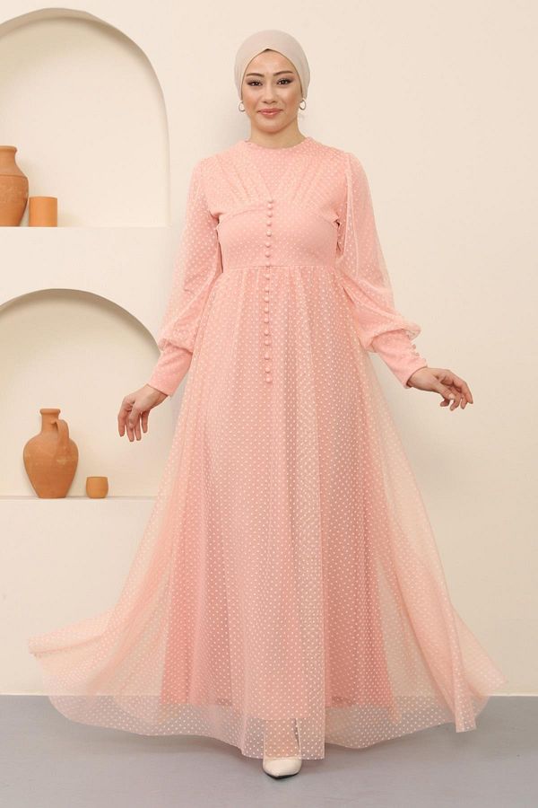 Modamihram-Button Detailed Tulle Evening Dress Powder 12237 1