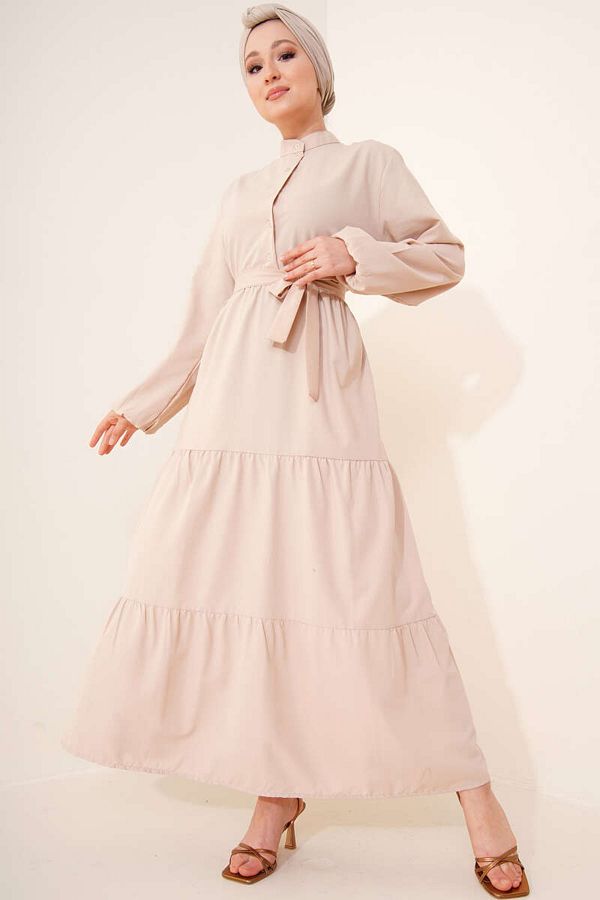 benguen-428 Wunderschönes Hijab-Kleid mit Kragen und Knöpfen in Beige 1