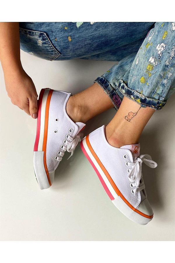 United Colors of Benetton Linen Sneakers White Orange Trendyol