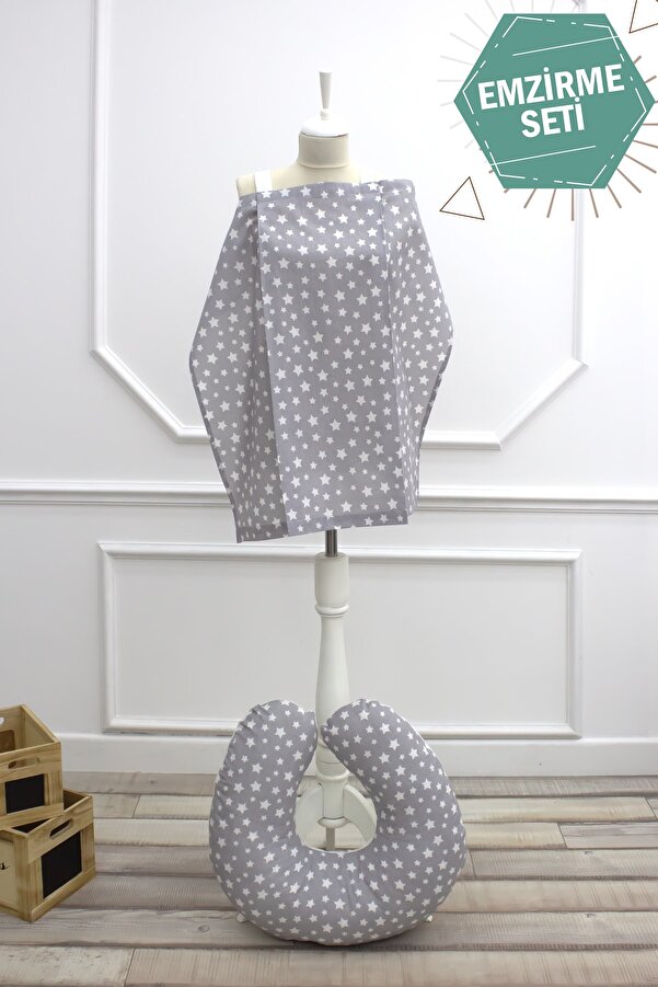 mordesign Bebek Emzirme Önlüğü Ve Yastık 2' Li Avantajlı Set, Stars Serisi, Gri
