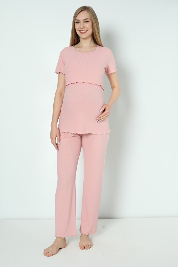 Miss Dünya Lissa Pudra Pamuk Fitilli Örme Kumaş Hamile Ve Lohusa Pijama Takımı