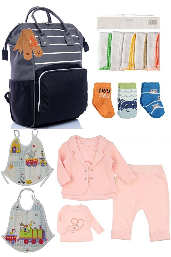 DERİNBEBE 6 Parça Doğum Seti (bebek Bakım Sırt Çantası,hastane Çıkışı,10lu Mendil,3lü Çorap Ve 2li Önlük Seti)