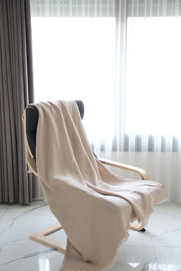 Lucy and Home-Beige Colored 4 Layer Muslin Sofa Shawl - 140x180 Cm, Fringed (Including Hook) 1