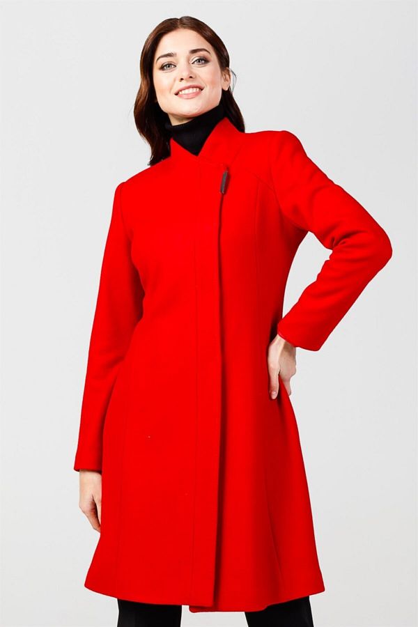 Red collarless coat deals