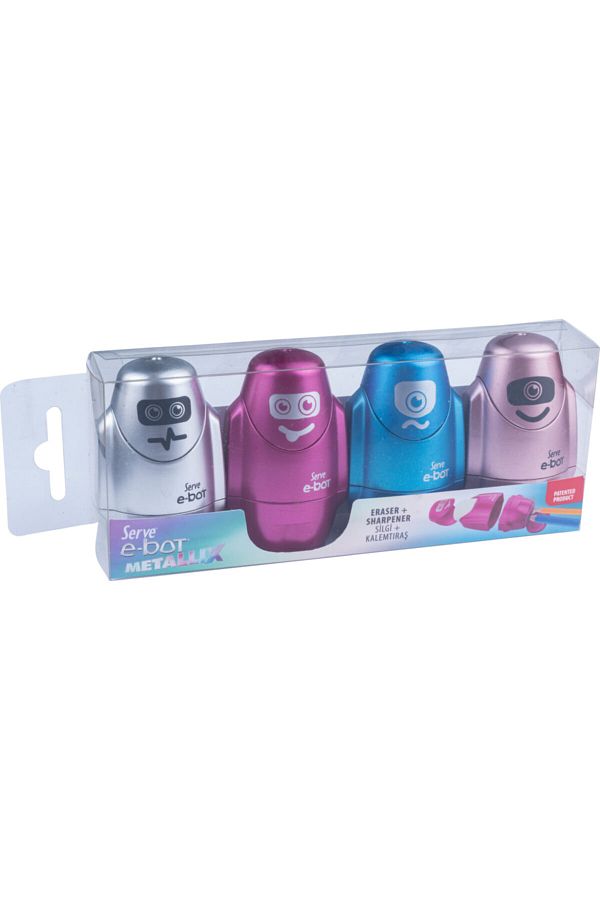 Serve-E-bot Pencil Sharpener with Eraser - Metallic Colors - Set of 4 1