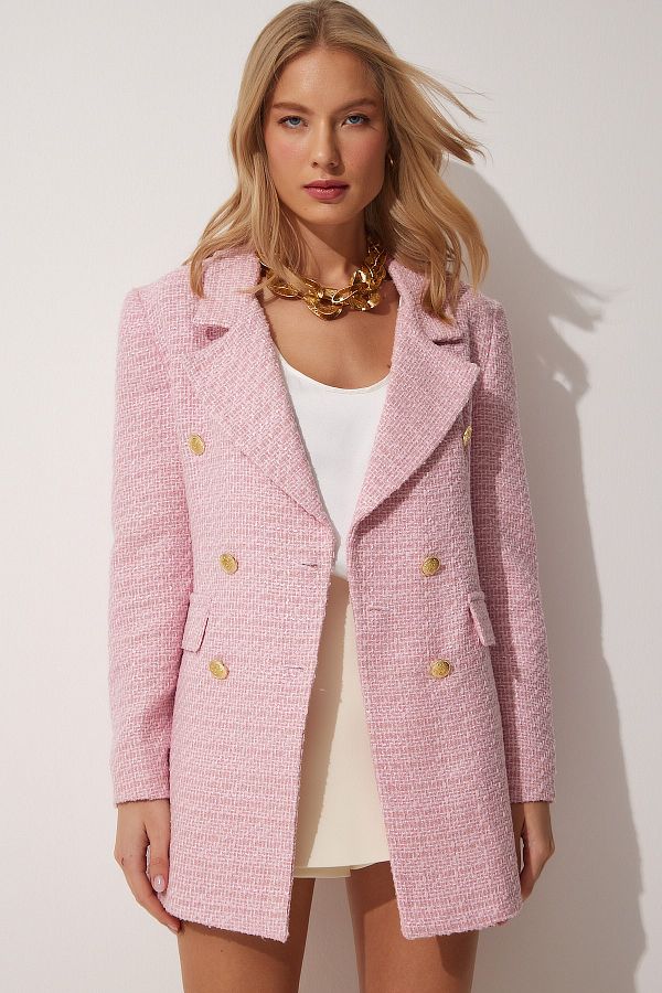 Happiness İstanbul-Rosa Tweed-Blazer mit Knöpfen für Damen WF00004 1