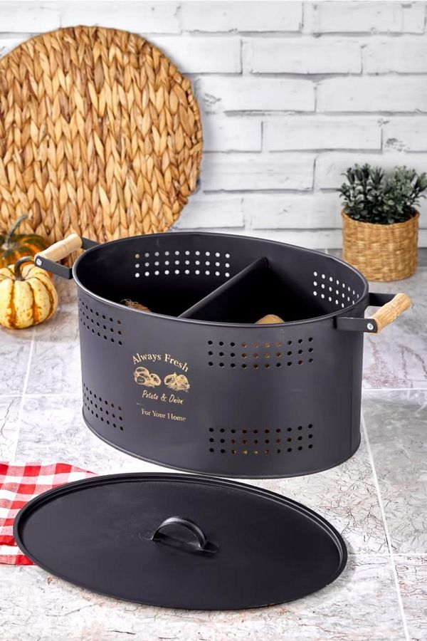 Bayev-Black Wooden Handle Potato Onion Storage Box with Lid Patterned Metal Bread Storage Box 1