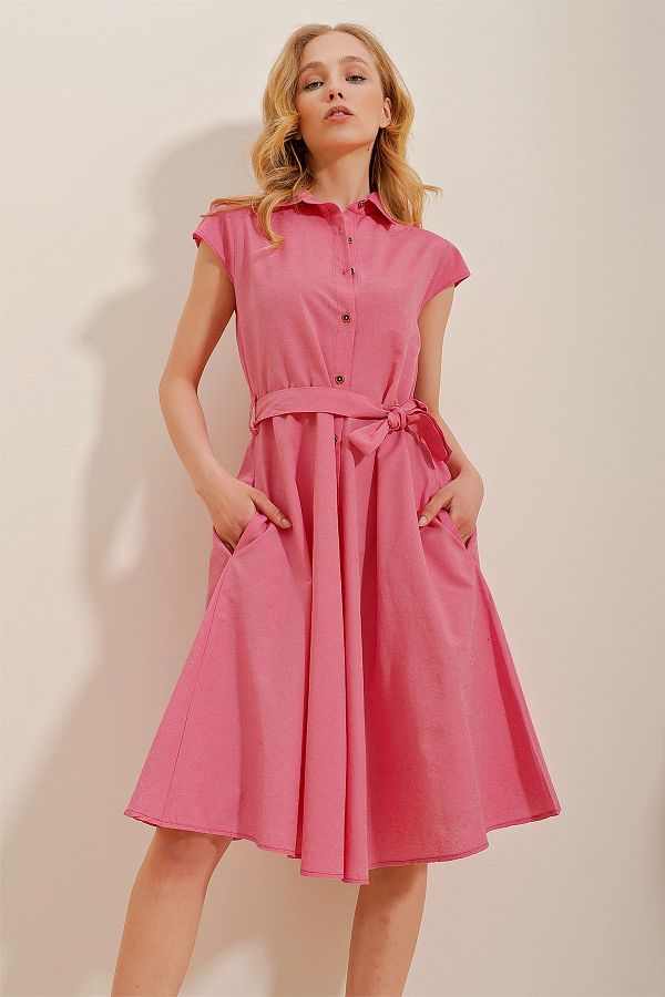 Trend Alacat Stili Women s Fuchsia Sleeveless Linen Woven Shirt Dress ALC X6056 Trendyol