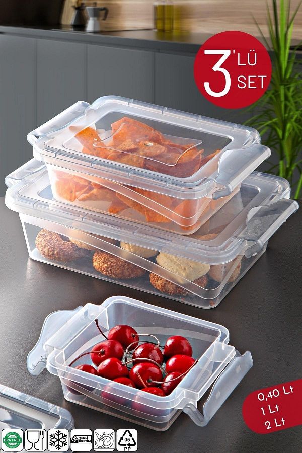Nandy Home-Set of 3 Locked Rectangular Unbreakable Storage Container 0.40/1/2 Lt Transparent 1