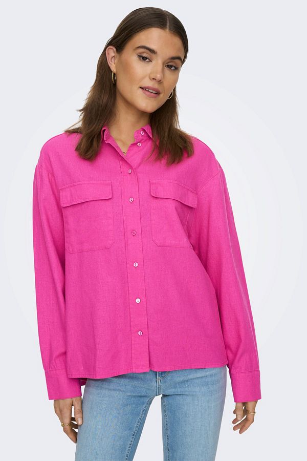 ONLY-Women's Pocketed Linen Shirt Oversize Fit Onlcaro - 15278795 1