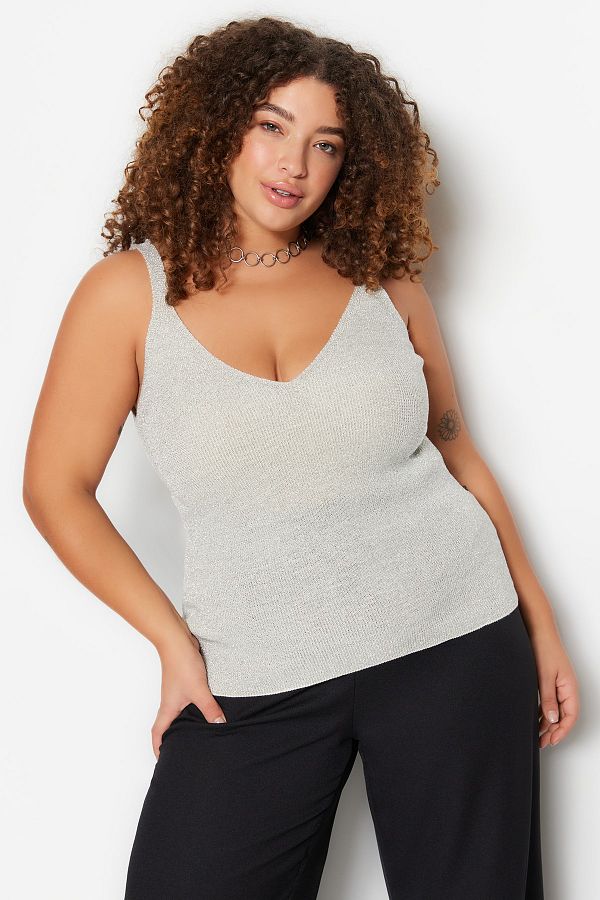 Trendyol Curve-Gray Strap Fine Knitwear Glitter Blouse TBBSS23AF00006 1