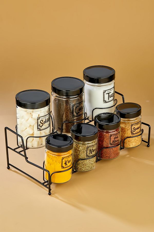 vipgross Set of 7 Spices with Flat 2 Rung Metal Stand 7 Piece Spice Jars with 2 Rung Metal Stand Trendyol