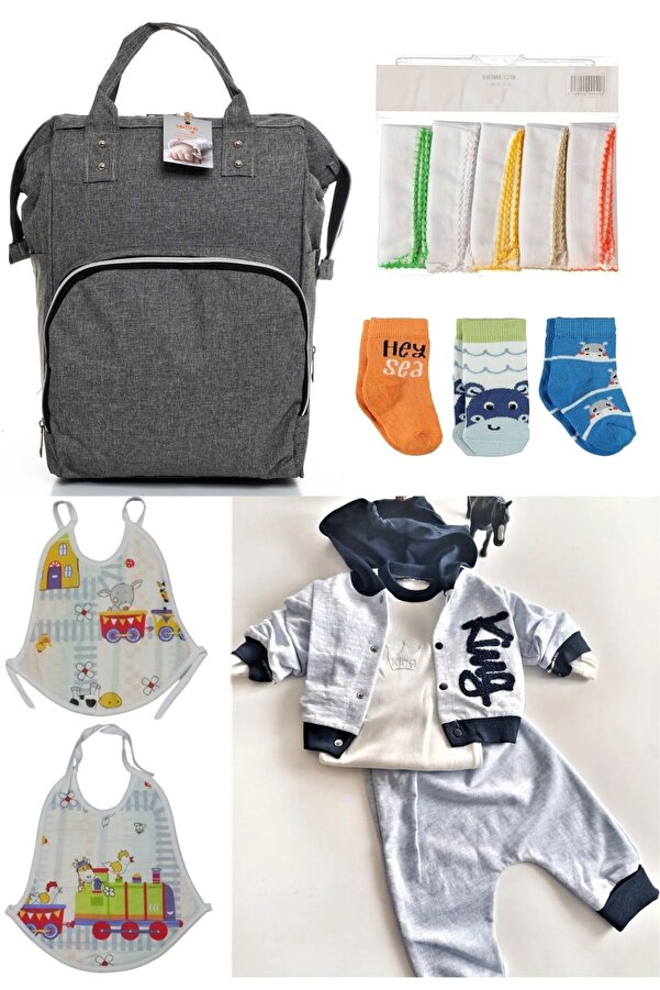 DERİNBEBE 6 Parça Doğum Seti (bebek Bakım Sırt Çantası,hastane Çıkışı,10lu Mendil,3lü Çorap Ve 2li Önlük Seti)