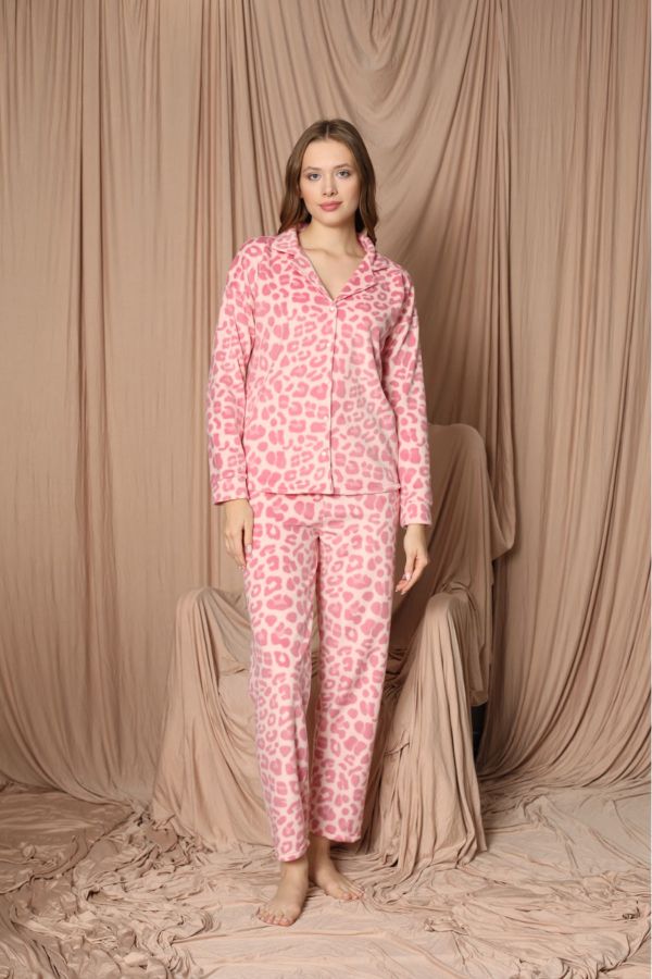 Big Love Women's Shirt Collar Fleece Pajama Set Patterned Set