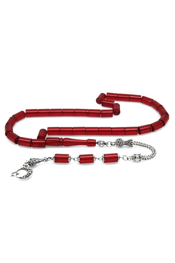 Tesbihane-Non-Tarnish Metal Tasseled Cut Red Fire Amber Prayer Beads 1