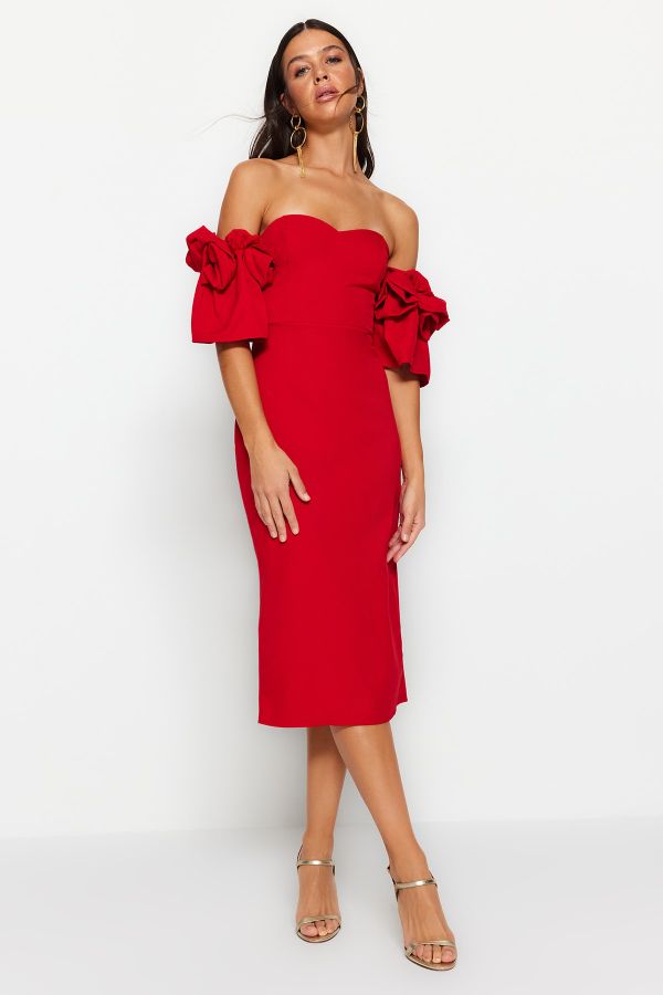 Trendyol Collection Red Fitted Woven Lined Evening Dress TPRSS23EL00541 -  Trendyol