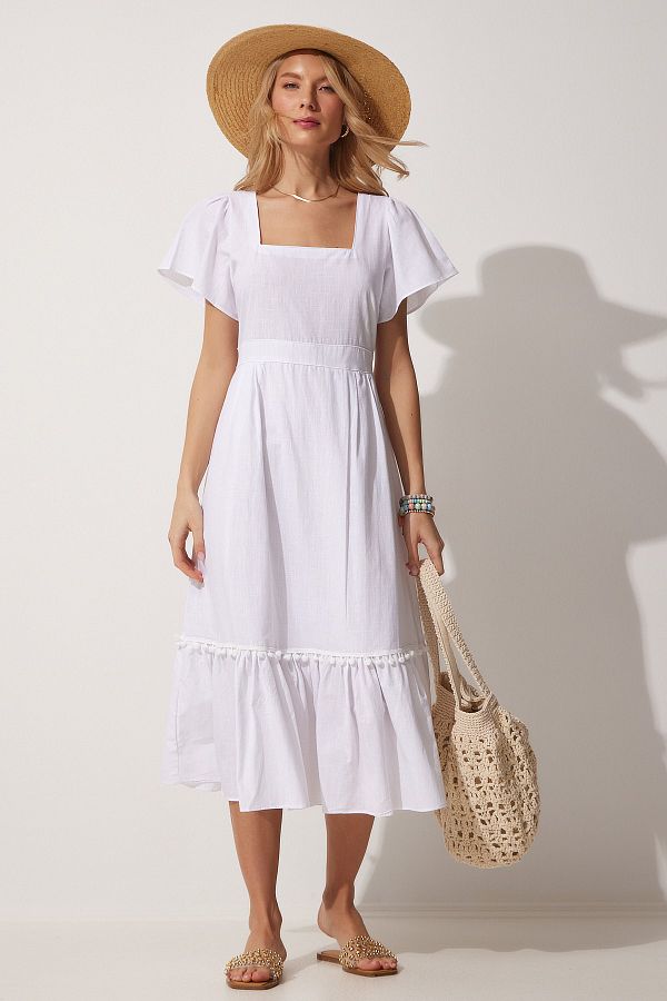 Happiness stanbul Women s White Square Collar Linen Dress JH00046 Trendyol