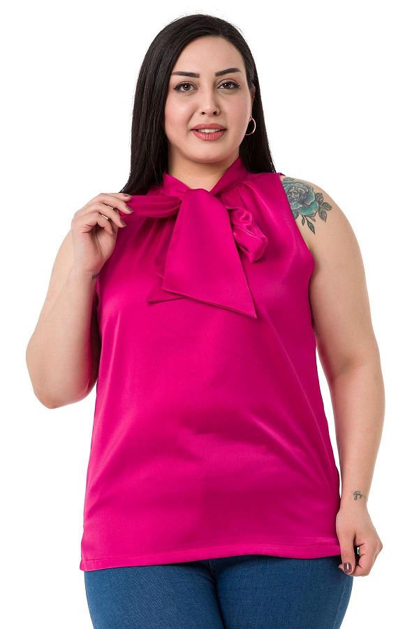DISENTIS MODEST-Plus Size Satin Fuchsia Blouse with Scarf and Side Slits 1