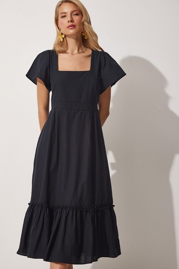 Happiness İstanbul-Schwarzes Leinenkleid mit quadratischem Kragen für Damen JH00046 1