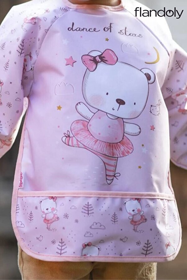 flandoly Dance Of Stars Bear Desenli Pembe Sıvı Geçirmez Uzun Kollu Mama Ve Aktivite Önlüğü Su Geçirmez Önlük