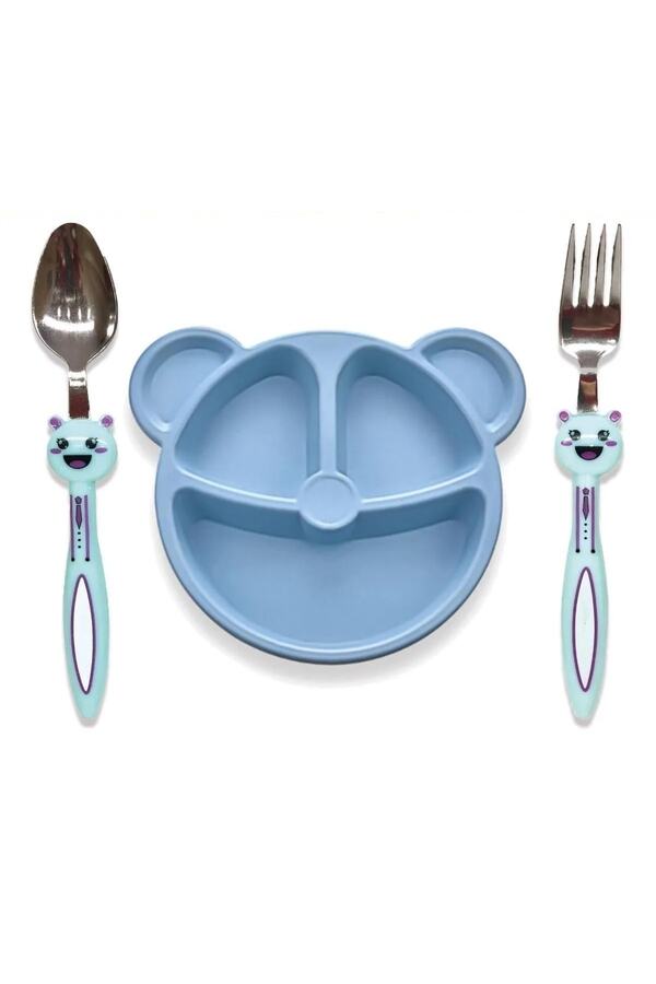 MorPort Bebek 3 Parça Tavşan Figürlü Çocuk Çatal Kaşık Ve Mama Tabağıseti Bebek Tabak Çatal Kaşık Seti