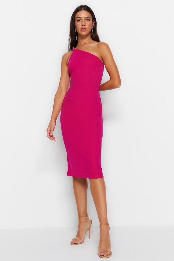 Trendyol Collection-Fuchsia One Shoulder A-Line Midi Smart Crepe Πλεκτό Φόρεμα TWOSS23EL02303 1
