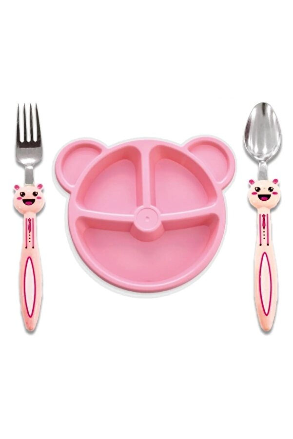 MorPort Bebek 3 Parça Tavşan Figürlü Çocuk Çatal Kaşık Ve Mama Tabağıset Bebek Tabak Çatal Kaşık Seti(pembe)