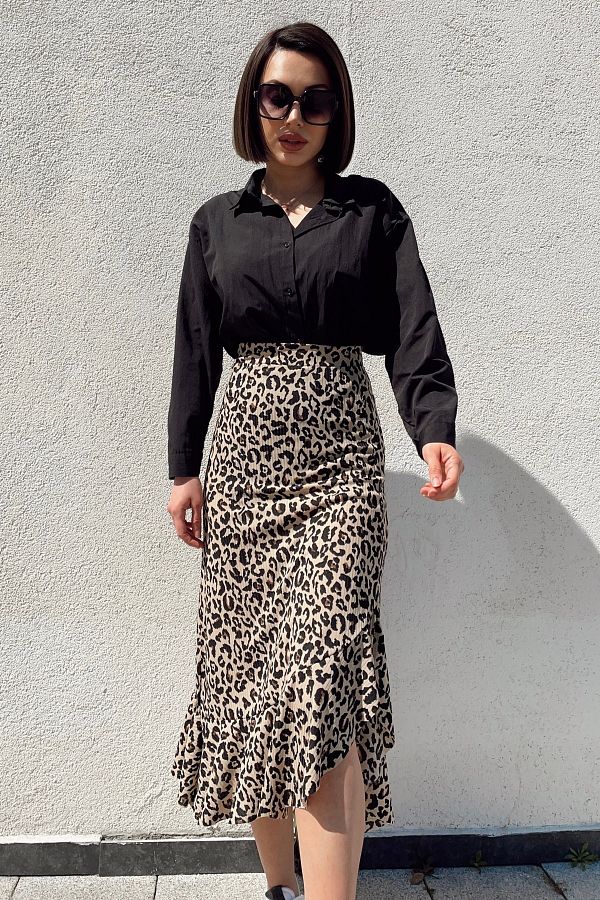 Leopard print ruffle midi skirt best sale