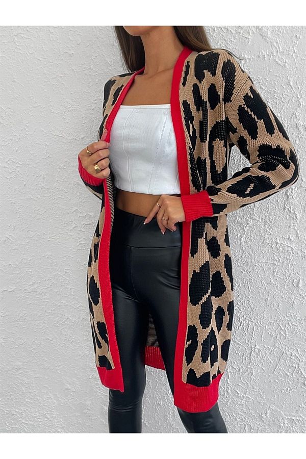 dijimodway Leopard Patterned Stripe Detailed Long Black Brown Coral Colored Cardigan Trendyol