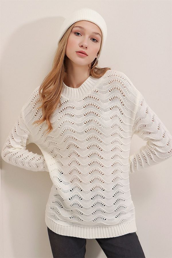 AQE FASHION-Pulover ajurat alb Wave de damă 1