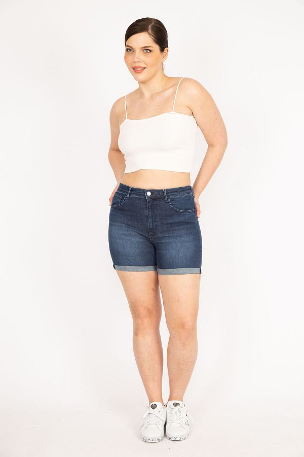 ans Women s Navy Blue Large Size 5 Pockets Skinny Denim Shorts 65n36136 Trendyol