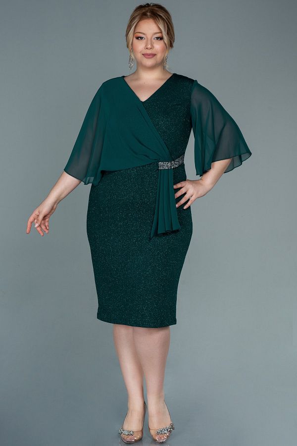 Abiyefon-Emerald Green Chiffon Short Sleeve Glitter Midi Plus Size Evening Dress Abk1567 1