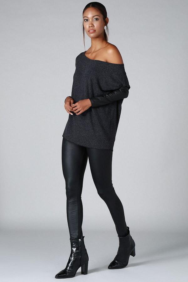 Quincey-Women's Smoked Leather Sleeve Detail Knitwear Sweater BD2288 1