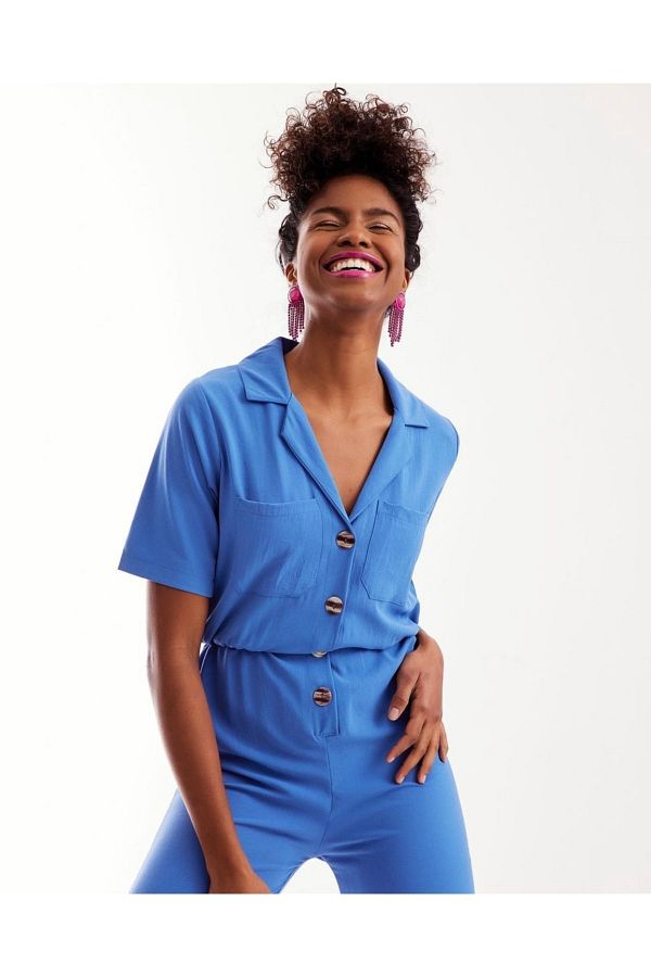 soBasic-Indigo Blue Pocketed Buttoned Front Viscose Short Sleeve Double Leg Jumpsuit 1