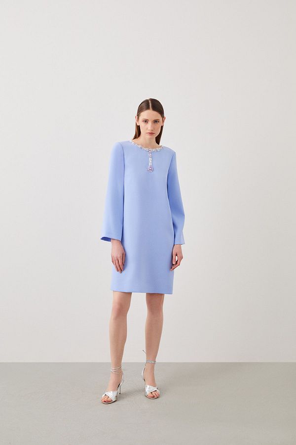 Jus De Pommes Blue Collar Embroidered Long Sleeve Straight Cut Mini Dress Trendyol