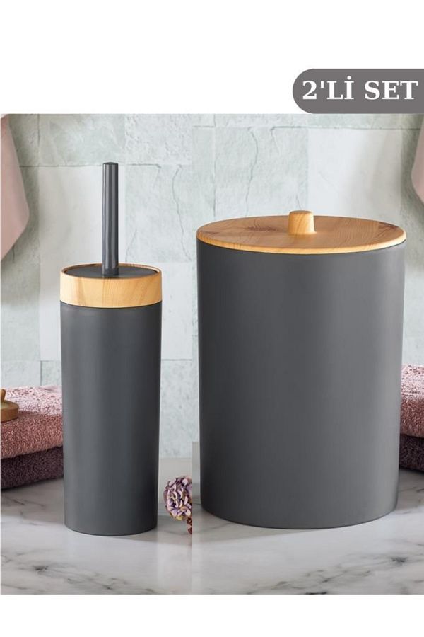 Flosoft-Bamboo Patterned Trash Can and WC Brush - Set of 2 1