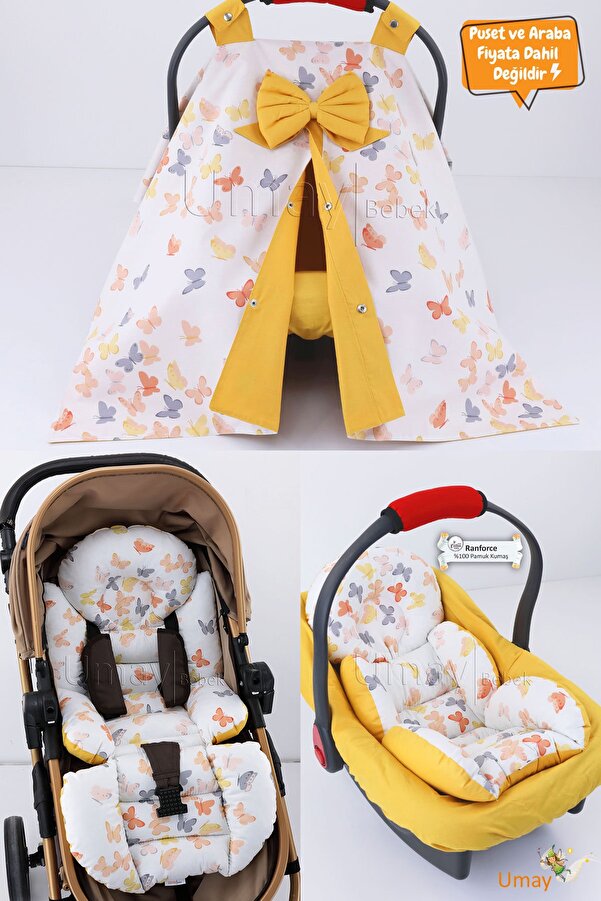 Umaybebek 4 Parça - Puset Örtüsü, Bel Destekli Bebek Arabası Minderi, Puset Minderi, Puset Çarşafı - Tutmalı