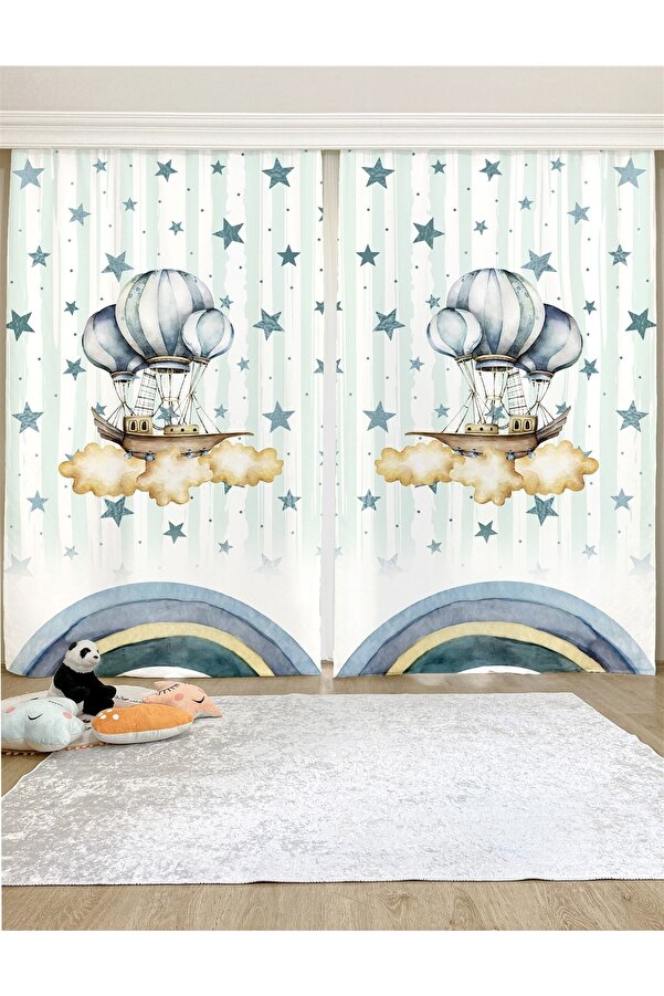 Evpanya Bulutlarda Uçan Gemi Desenli Çocuk & Bebek Odası Fon Perde (TEK KANAT FİYATLANDIRMA)